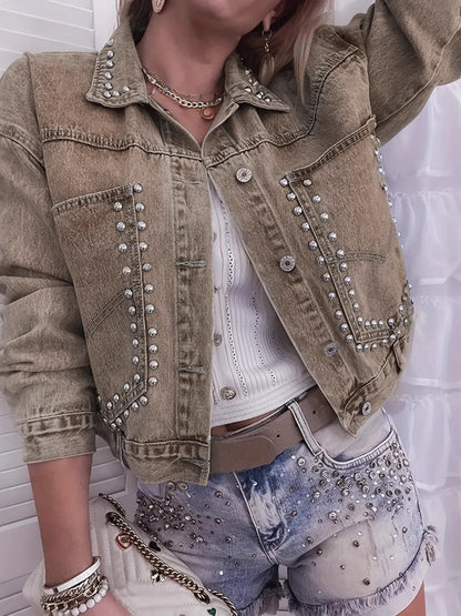 Studded Button Up Denim Jacket Khaki - Fashorio