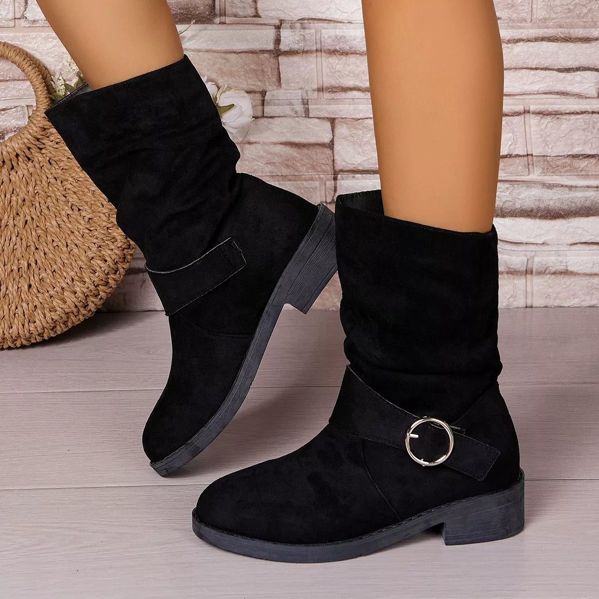 Suede round toe block heel boots back view