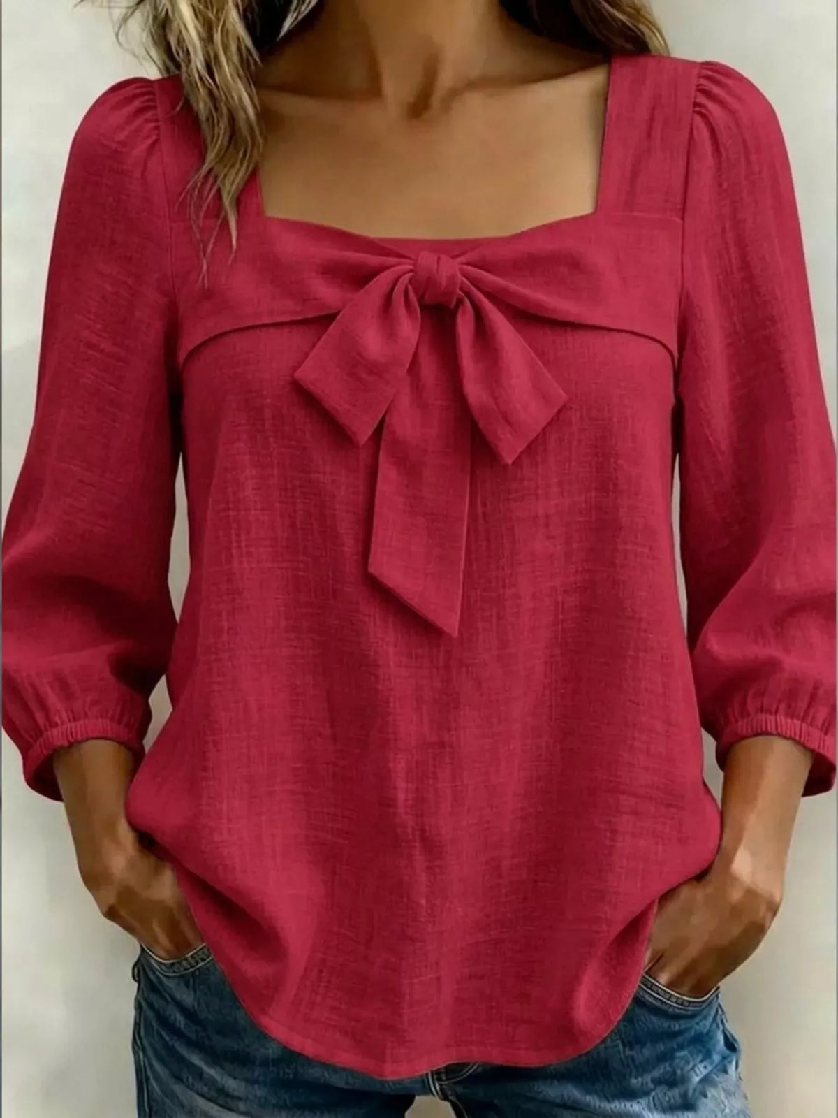 Pink bow front square neck blouse front view
