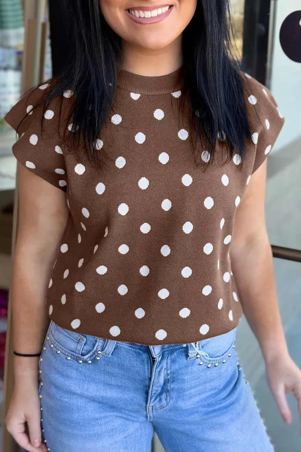 Polka Dot Dolman Short Sleeve Sweater