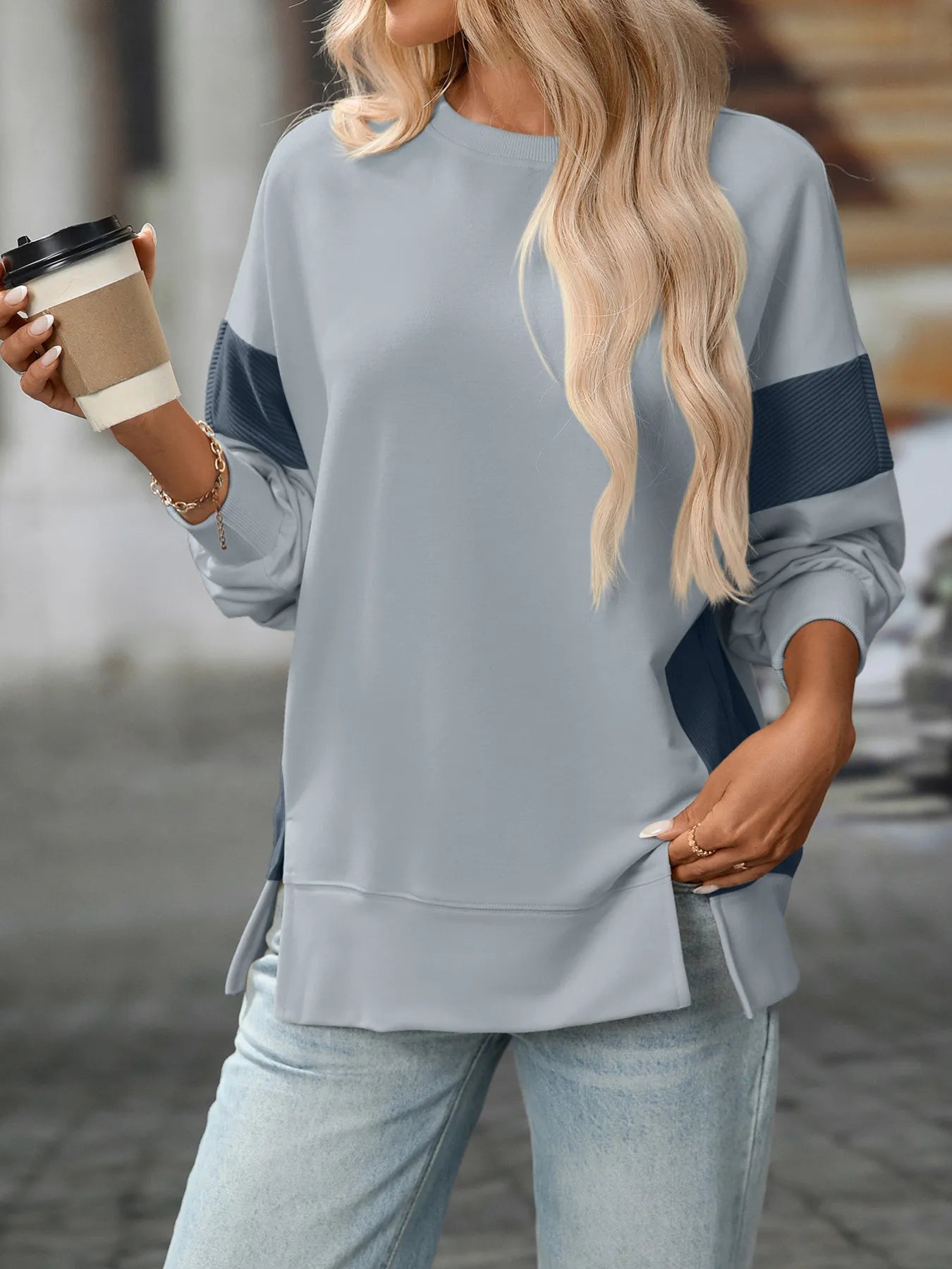 Slit Round Neck Long Sleeve Sweatshirt - Fashorio