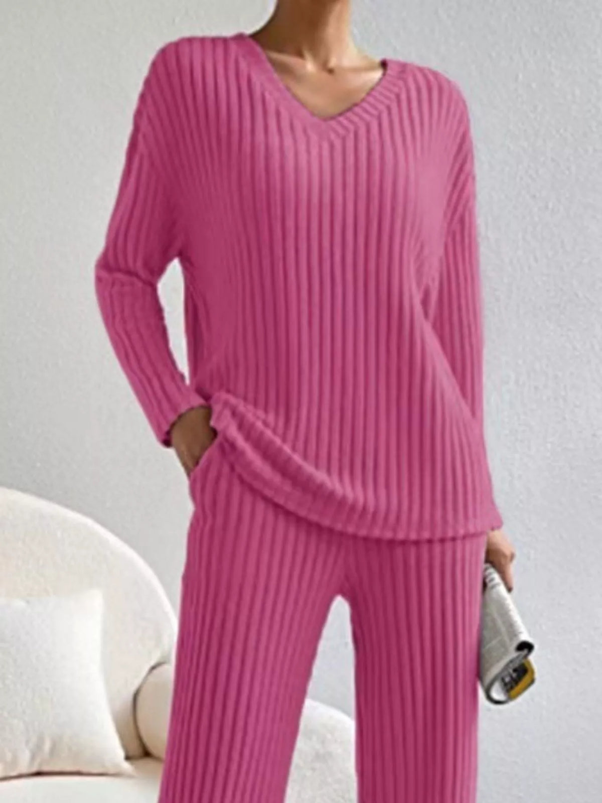 Ribbed Knit V Neck Top and Pants Set, view 24