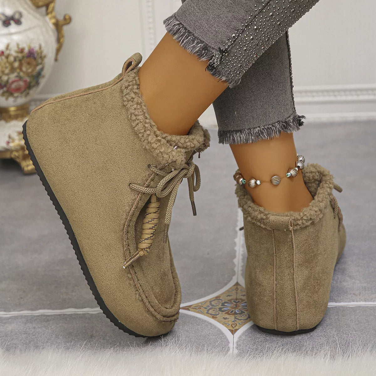 Plush lined ankle boots, styled on model