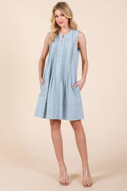 Lime 'N' Chili Denim Pintuck Detail Sleeveless Midi Dress - Fashorio