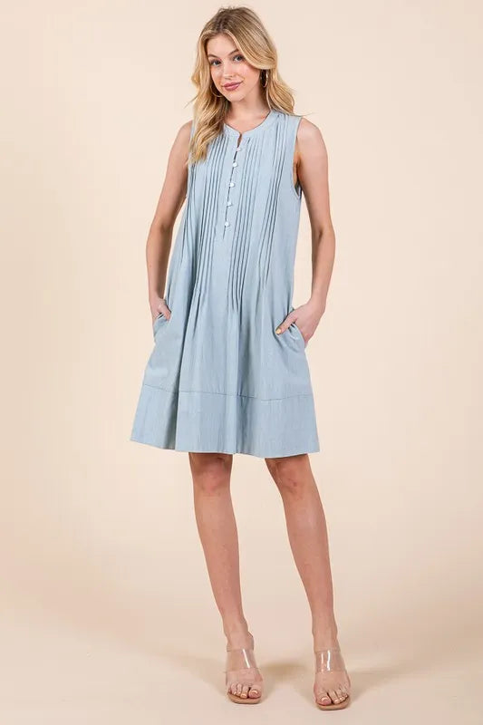 Lime 'N' Chili Denim Pintuck Detail Sleeveless Midi Dress - Fashorio