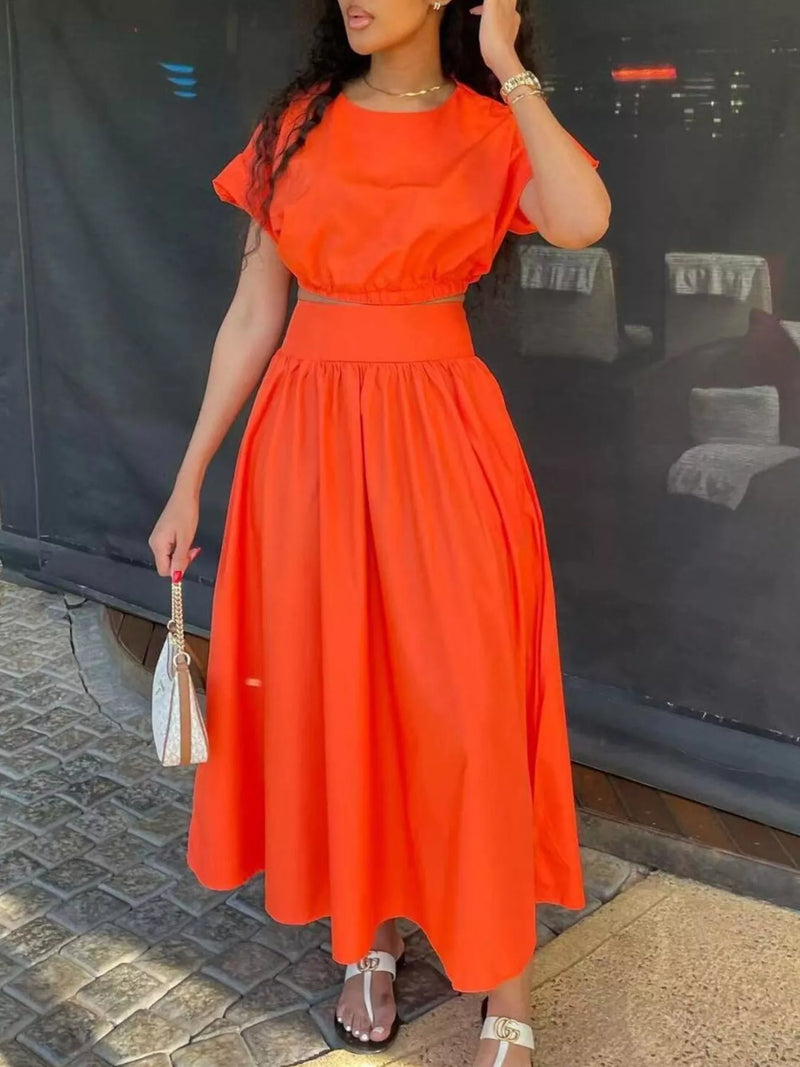Orange short sleeve crop top and skirt set