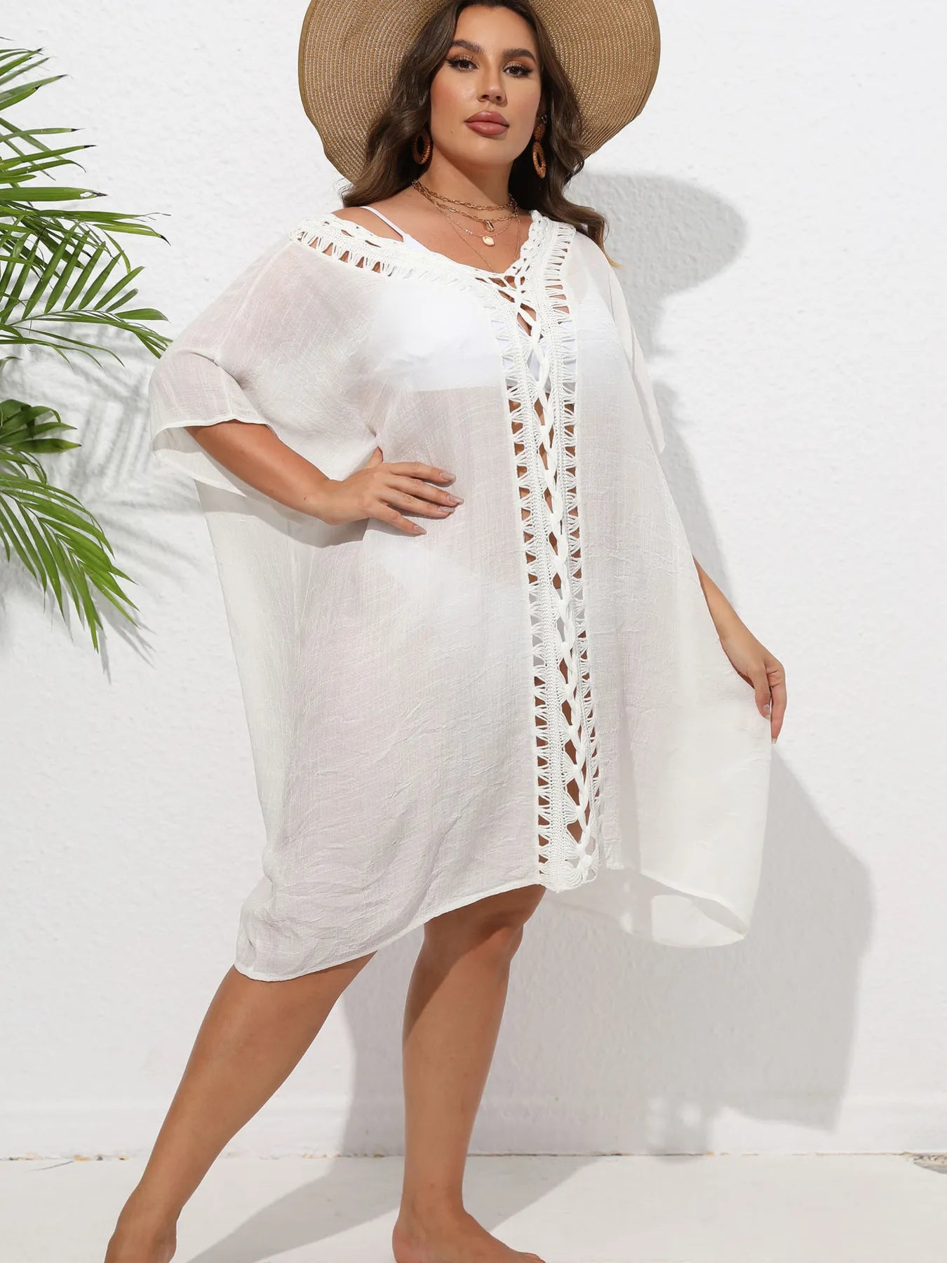 Crochet Trim V-Neck Beach Cover Up Dress - Fashorio