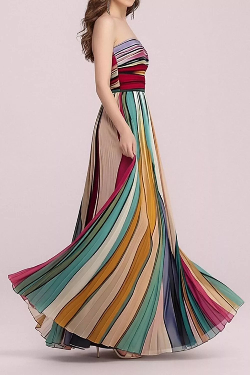 Multicolor striped pleated strapless maxi dress side view