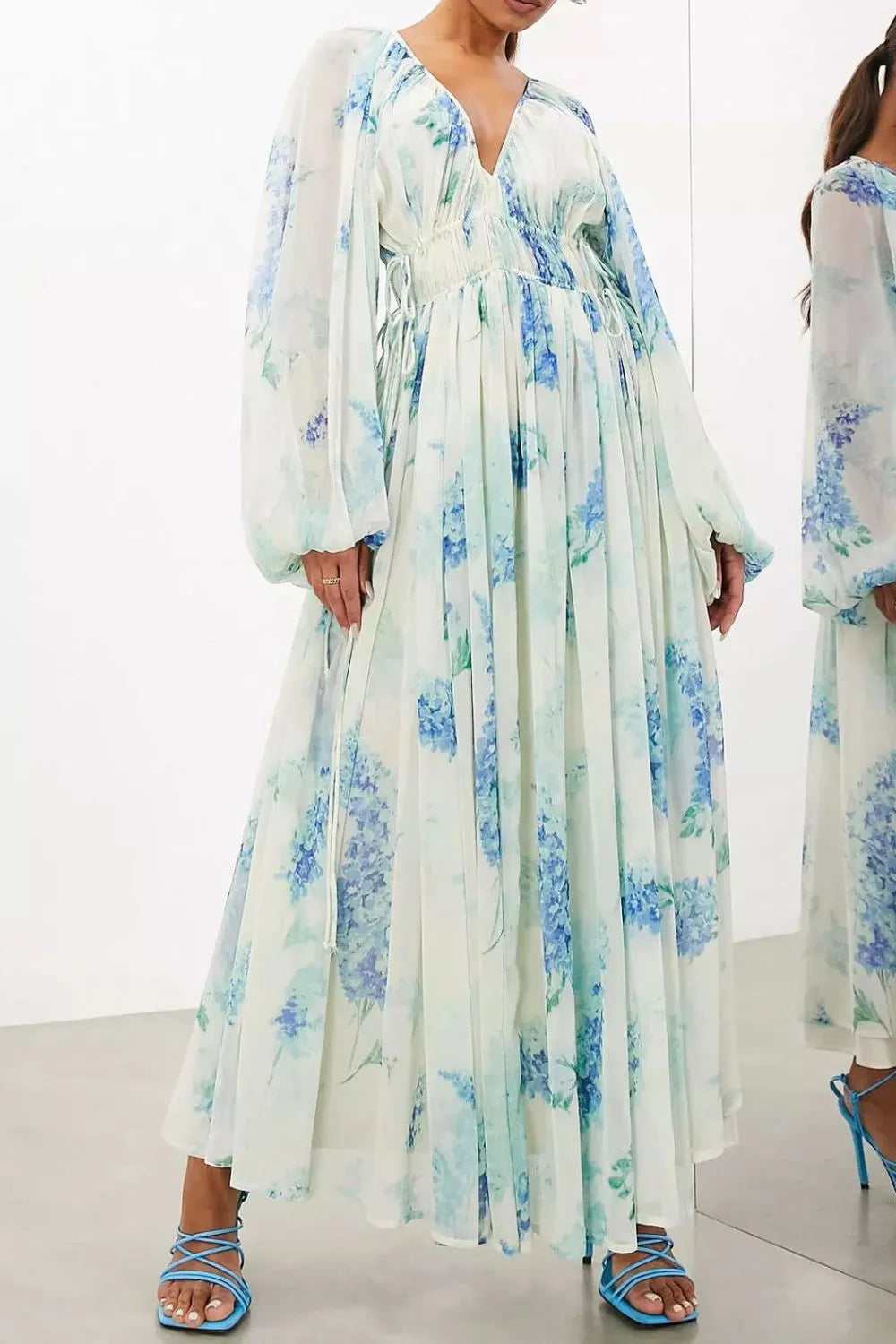 Floral bohemian balloon sleeve maxi dress front view