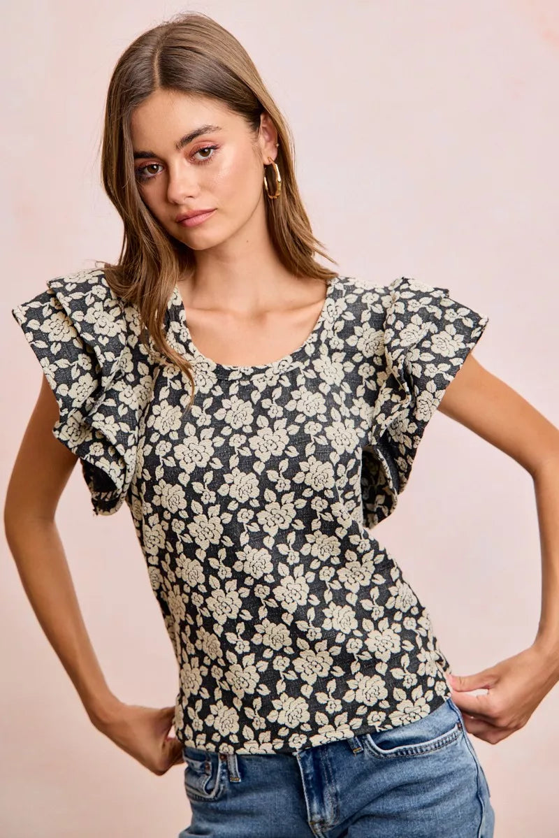 Black floral jacquard ruffle top side view