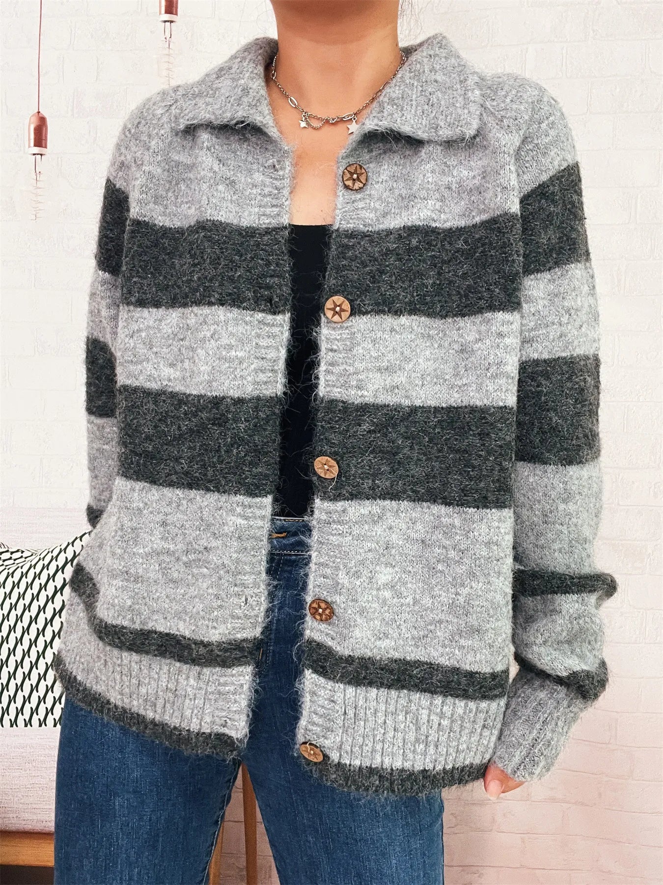 Striped Button-Up Cozy Cardigan - Fashorio