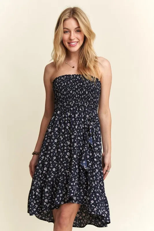 Smocked Floral Tube Dress with Pockets in Navy styled look