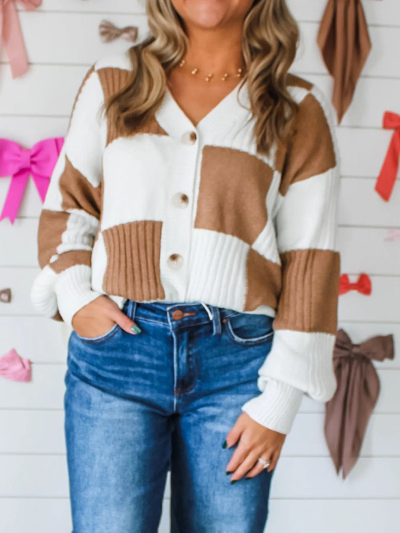 Color Block Knit Button-Up Cardigan - Fashorio