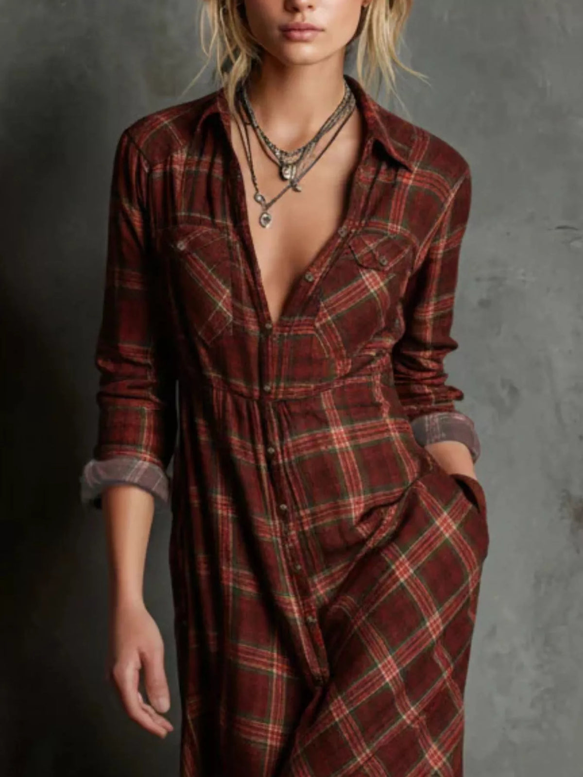 Plaid Button Down Maxi Shirt Dress Plus Size neckline detail
