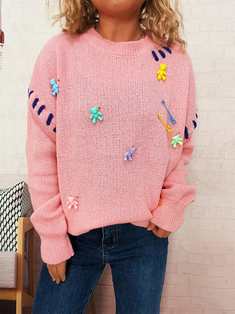 bear applique round neck sweater front view