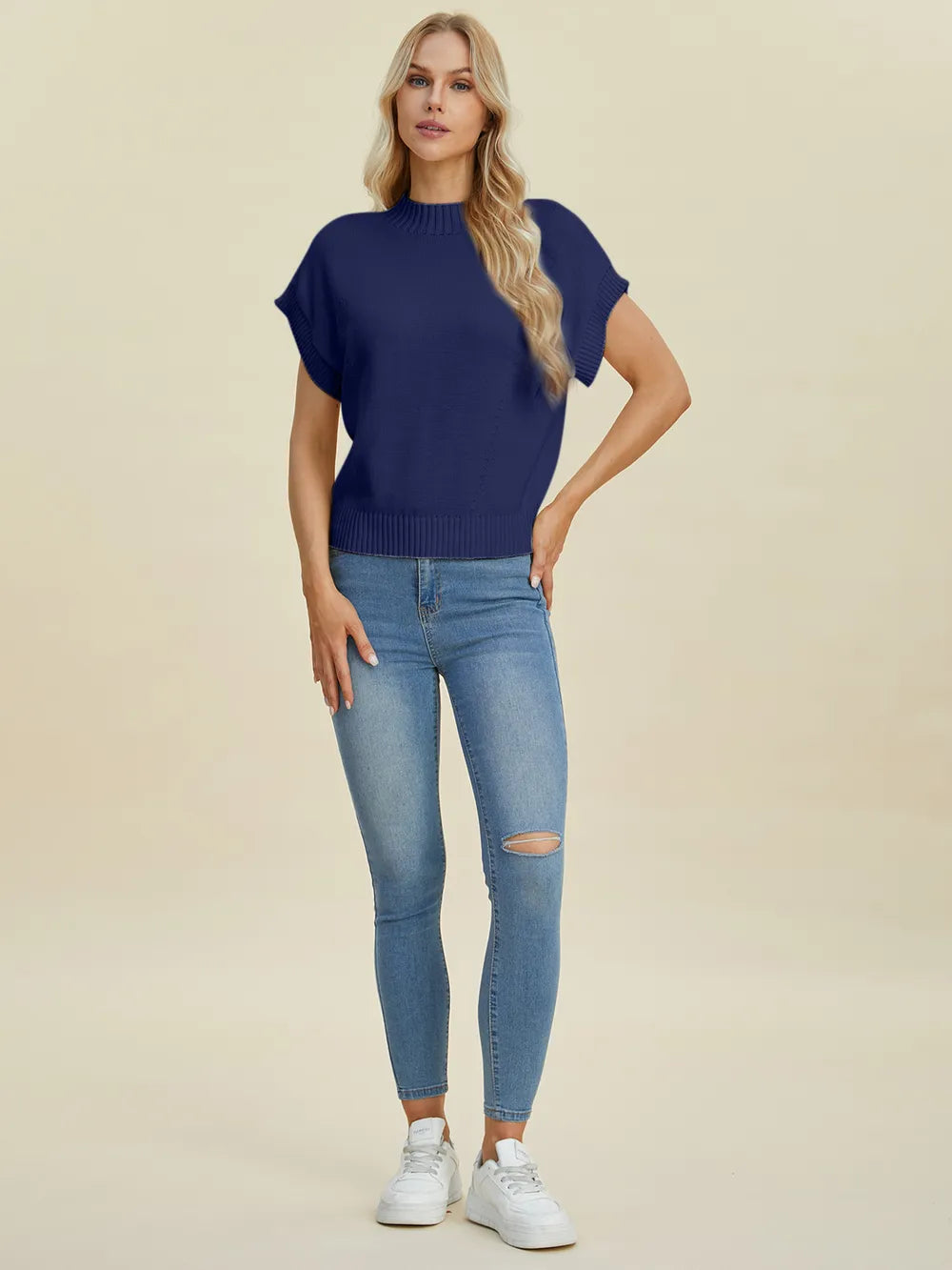 Mock neck sweater styled full length look