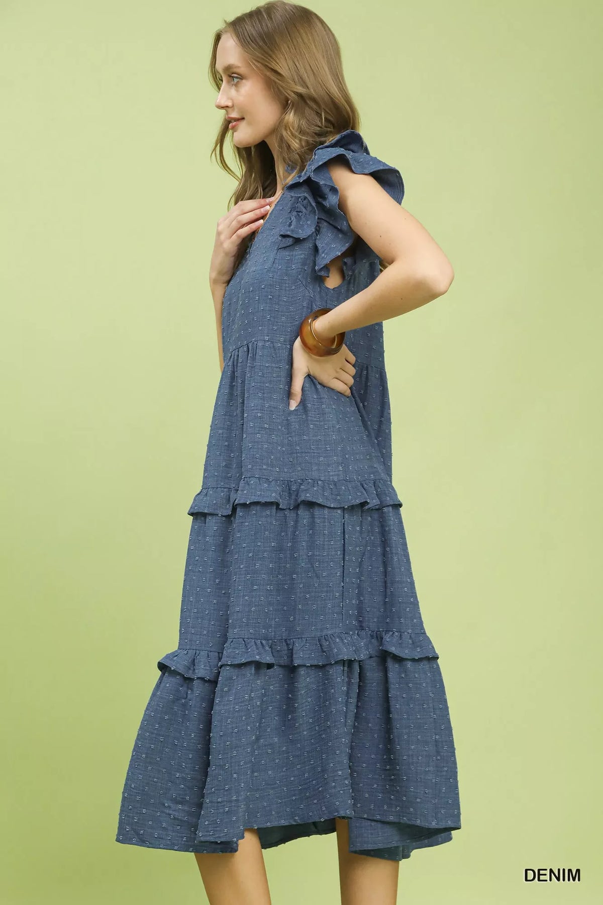 Tiered midi dress shown from the side
