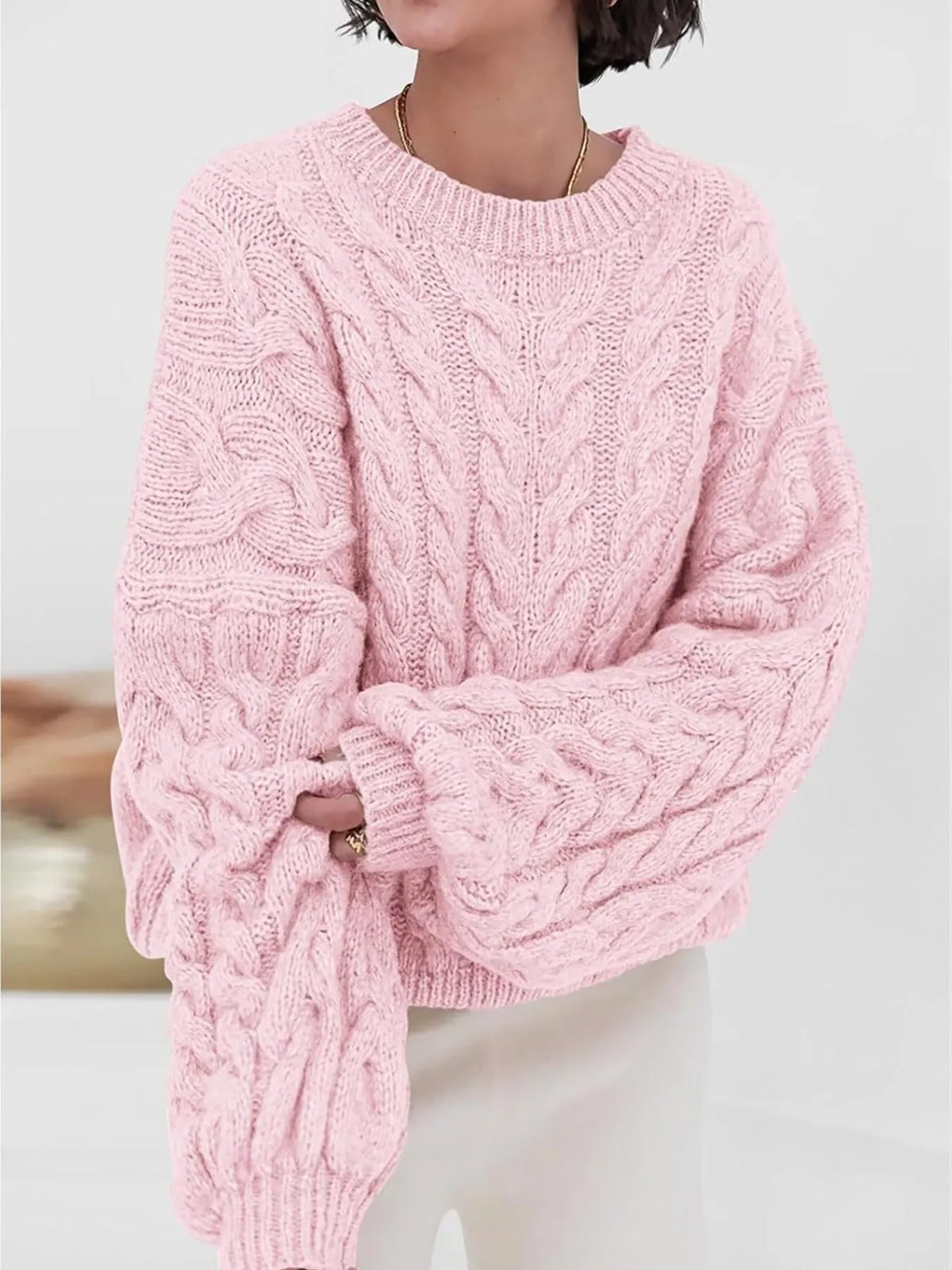 cable knit long sleeve sweater front view