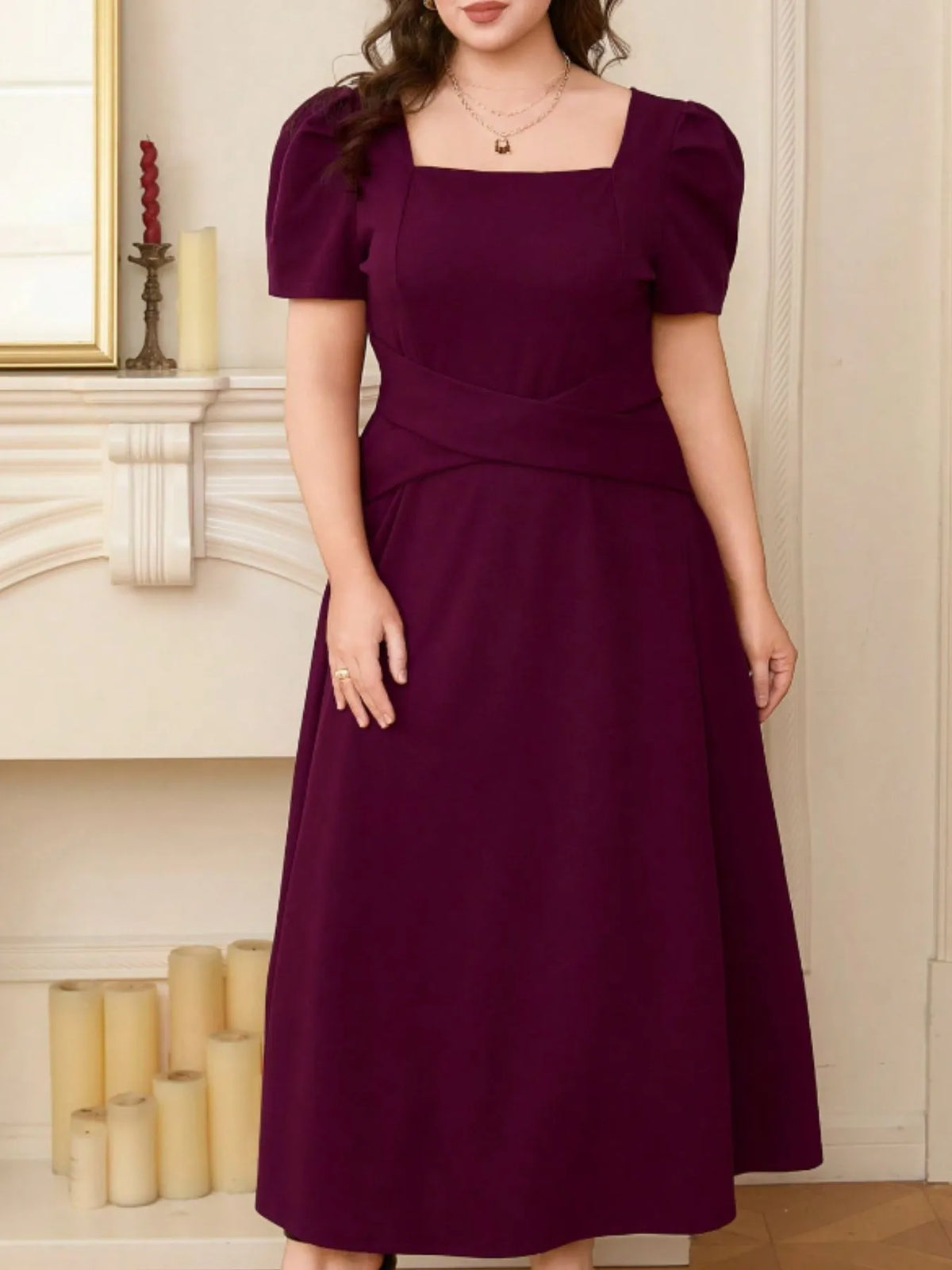 plus size square neck puff sleeve midi dress front view