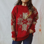 Snowflake Pattern Long Sleeve Sweater Red - Fashorio