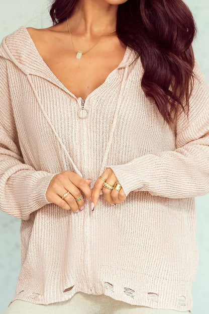 Distressed Zip Up Drawstring Hooded Cardigan - Fashorio
