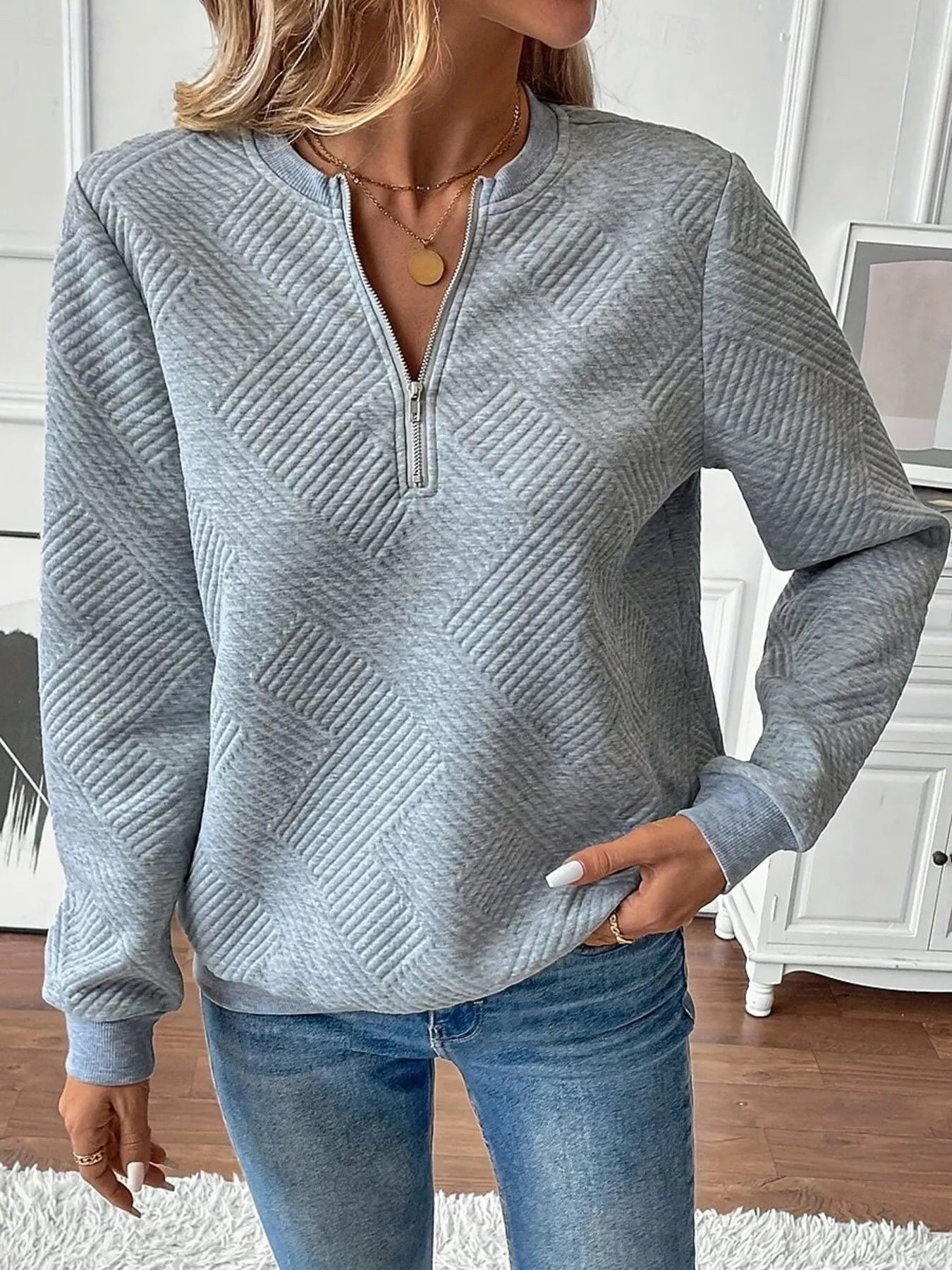 Quarter Zip Textured Long Sleeve Sweatshirt Gray - Fashorio