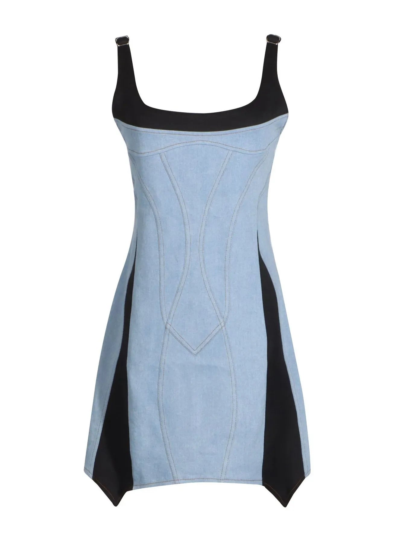 Contrast Adjustable Strap Denim Dress - Fashorio