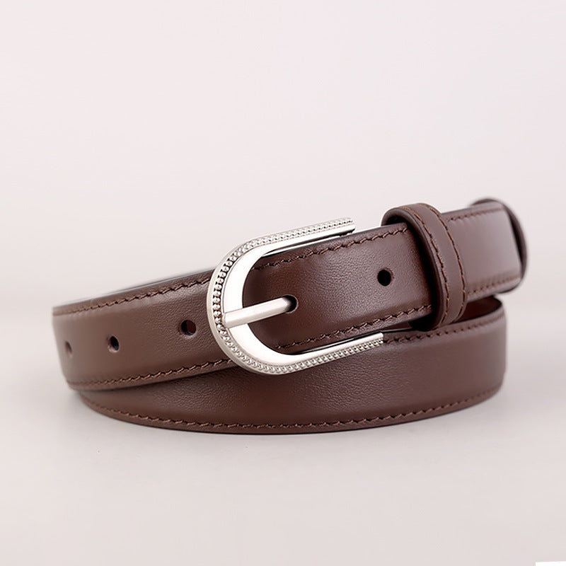 Crystal buckle leather belt in coffee brown