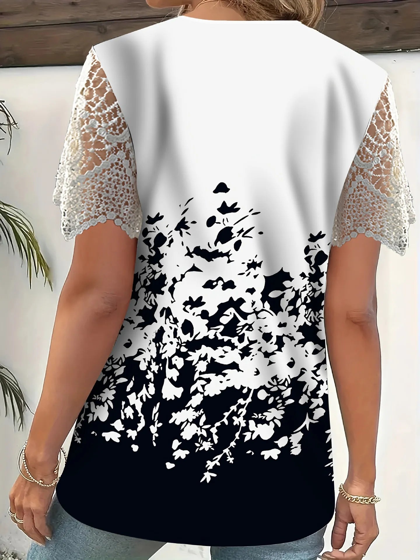 Full Size Printed Lace Sleeve V-Neck T-Shirt Plus Size - Fashorio