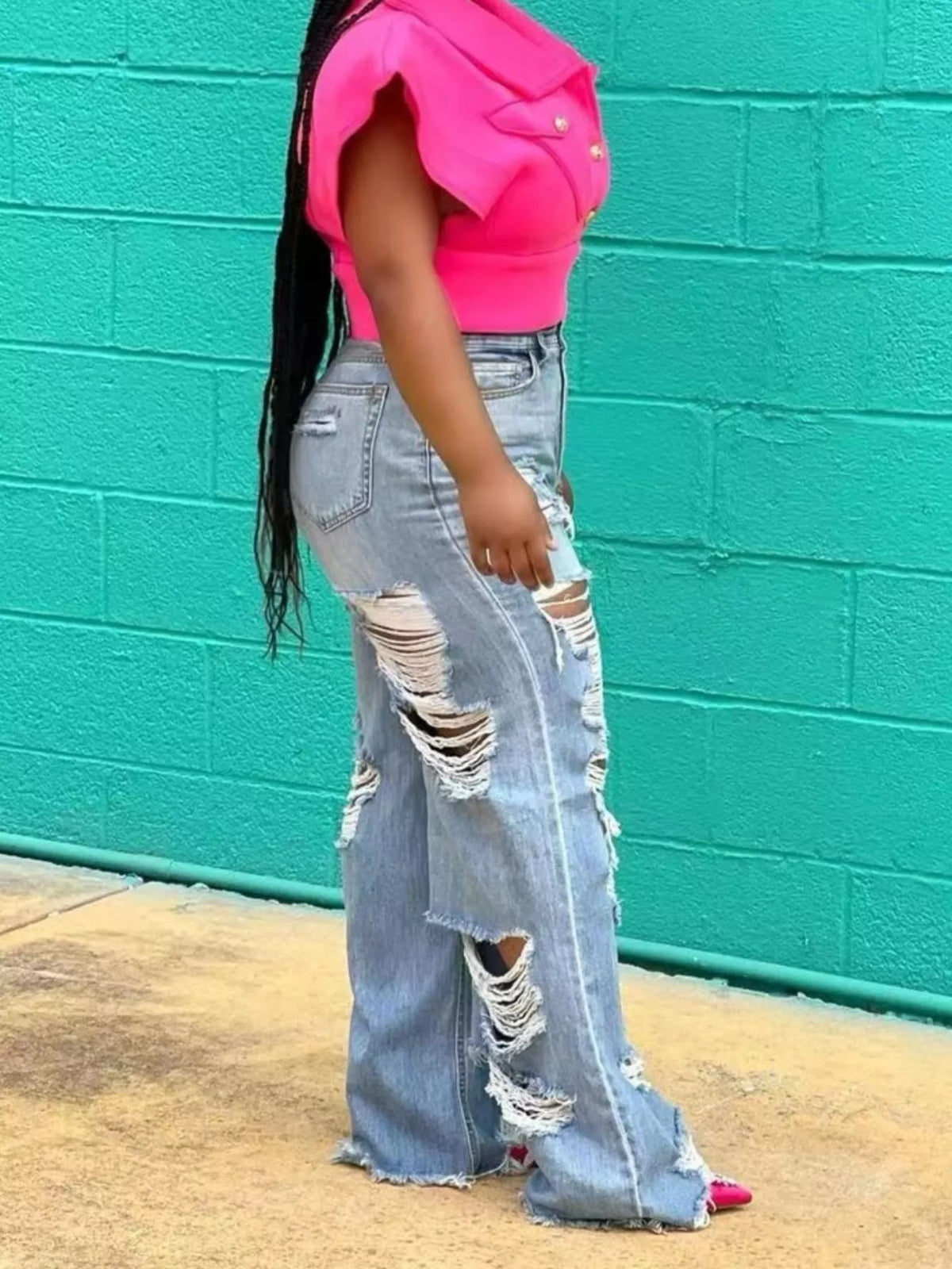 Blue drawstring waist wide leg jeans detail