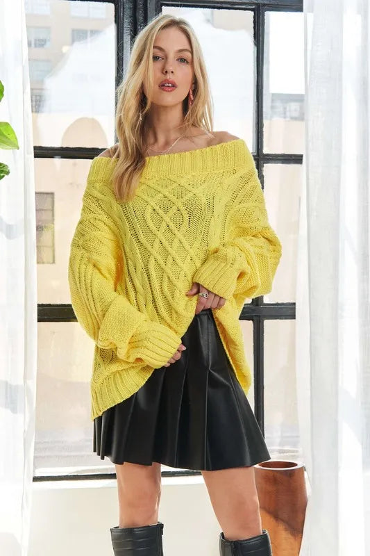 Cable Knit Off Shoulder Sweater in Yellow back view