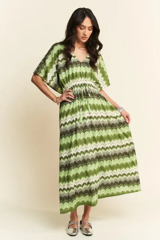 Wavy Print Tie Waist Flowy Dress in Sage detail