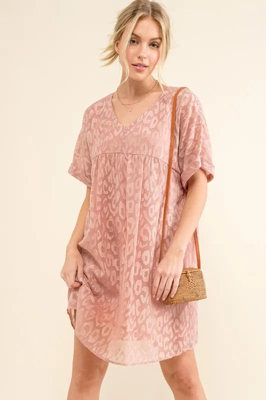 Woven Leopard Baby Doll Roll Sleeve Casual Dress close up