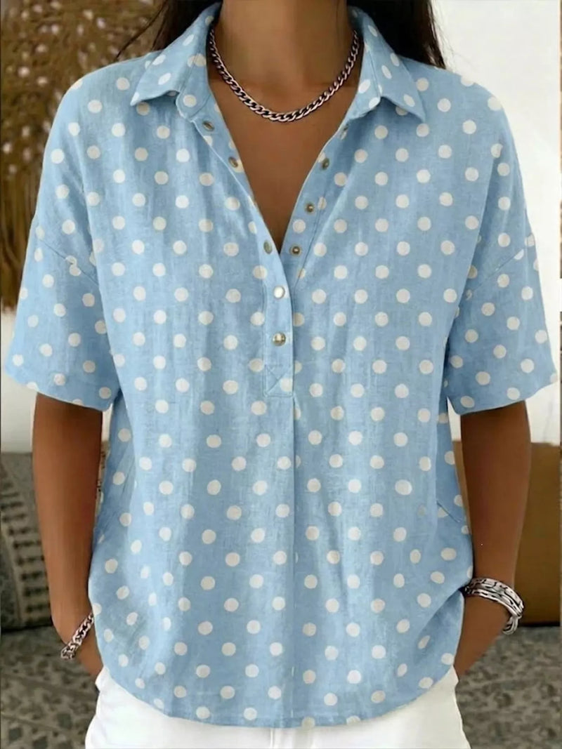 Polka dot short sleeve shirt front view on model