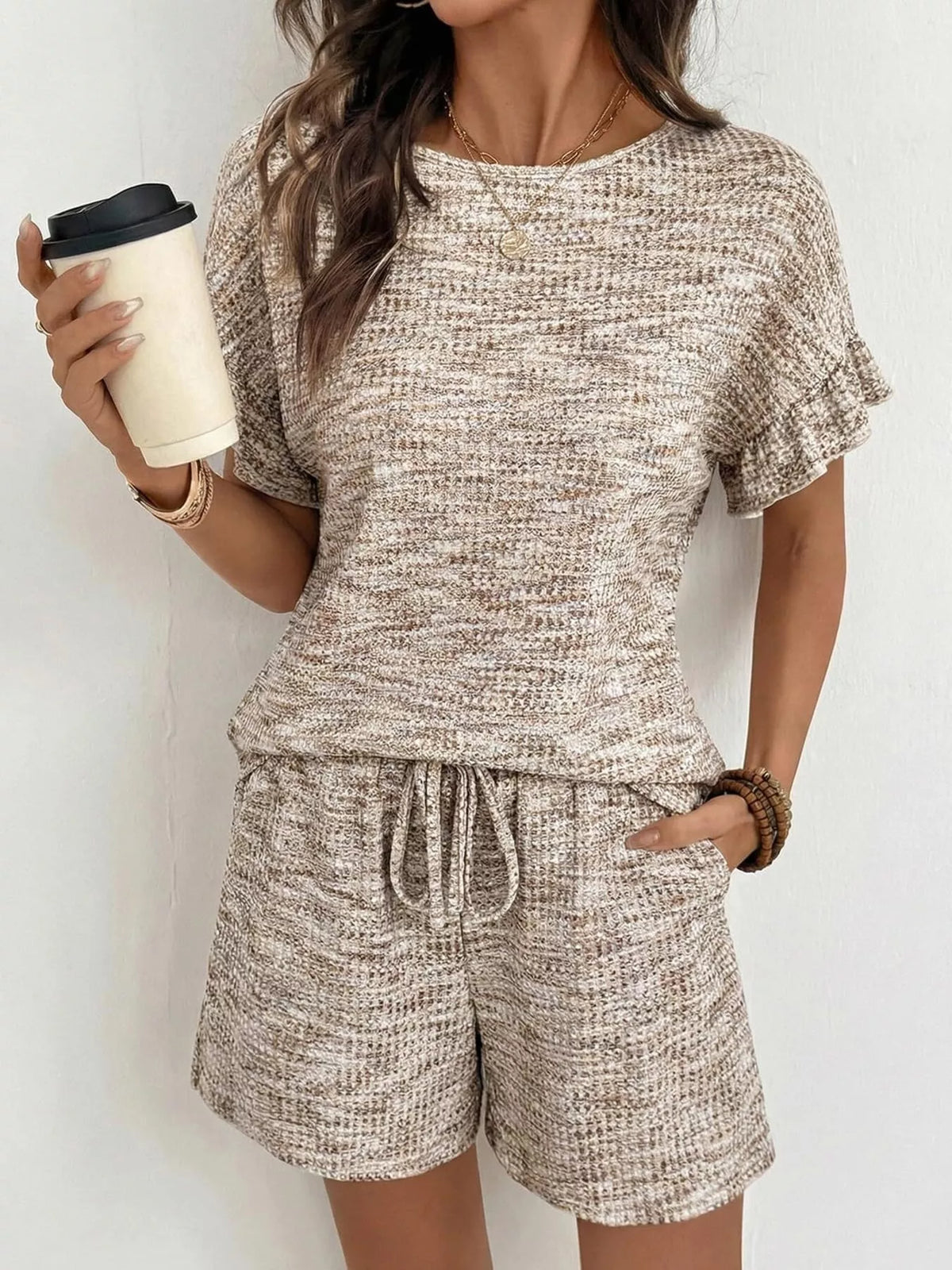 Ruffle Sleeve Textured Top and Shorts Set, view 11