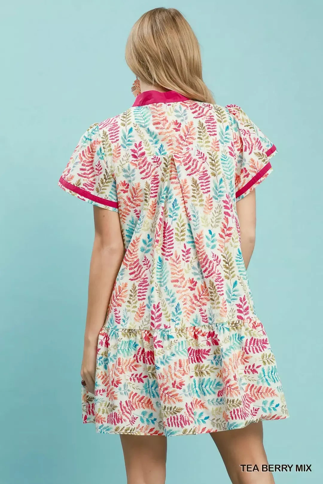 Leaf Print Flutter Sleeve Tiered Mini Dress in Berry side view