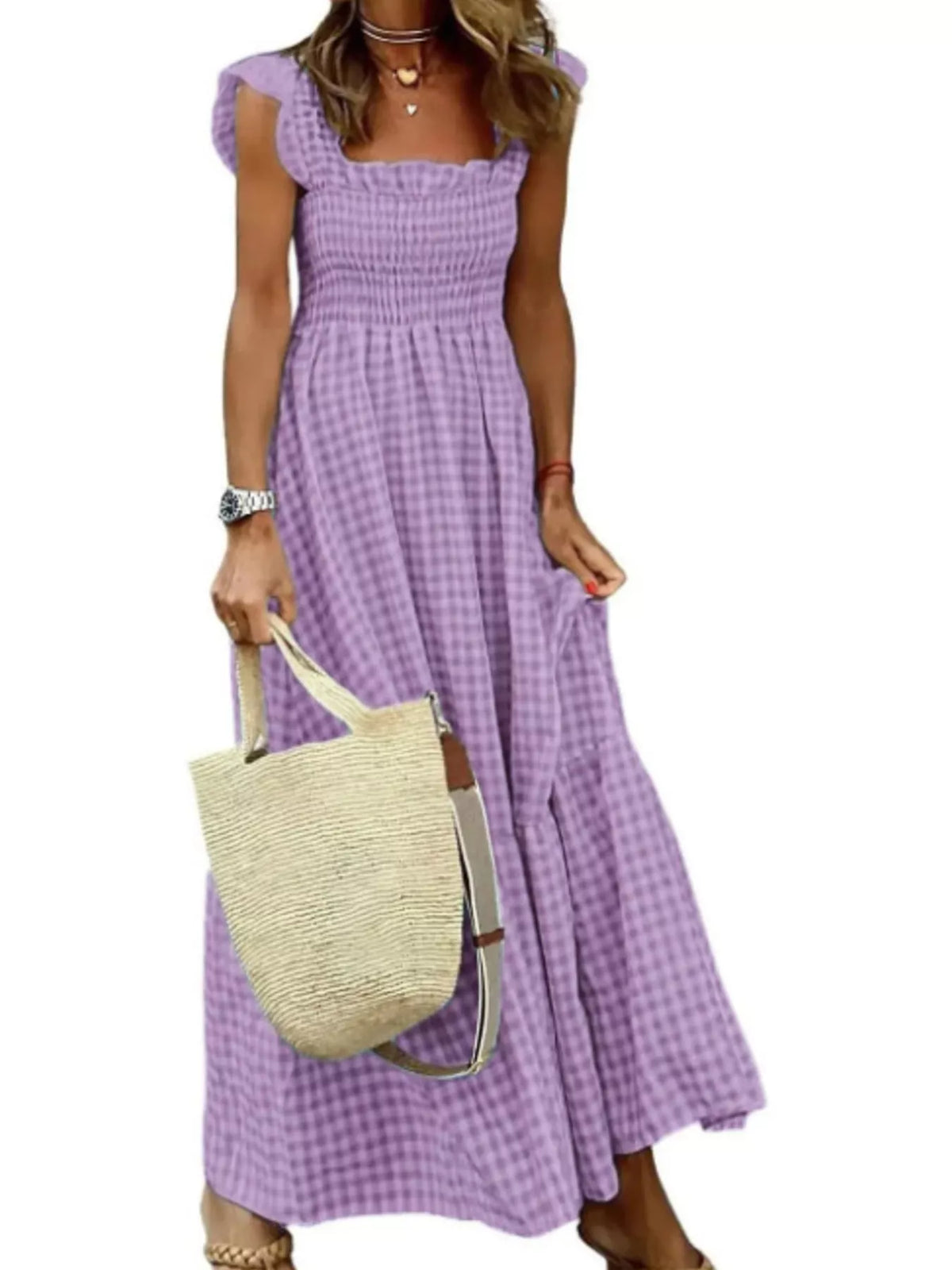 Gingham smocked ruffle maxi dress full length view