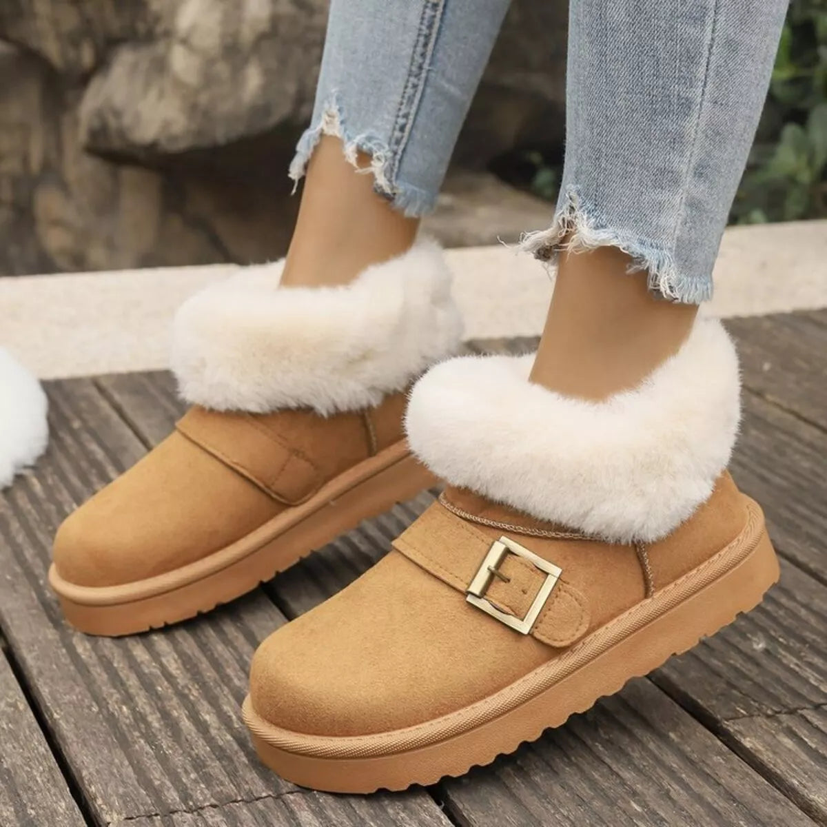 fuzzy trim buckle winter boots studio view