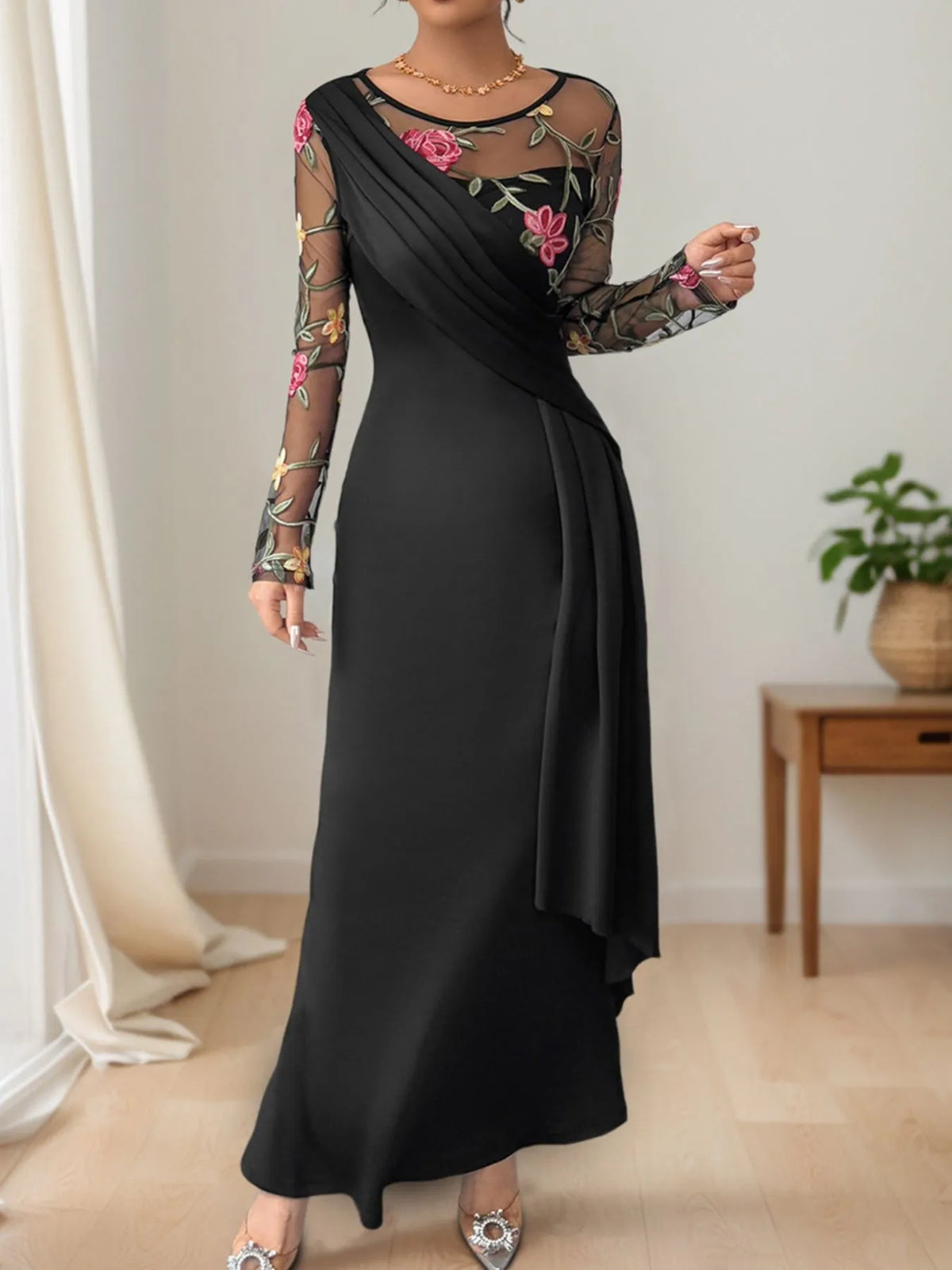 Black floral embroidered mesh sleeve ruched maxi dress back view