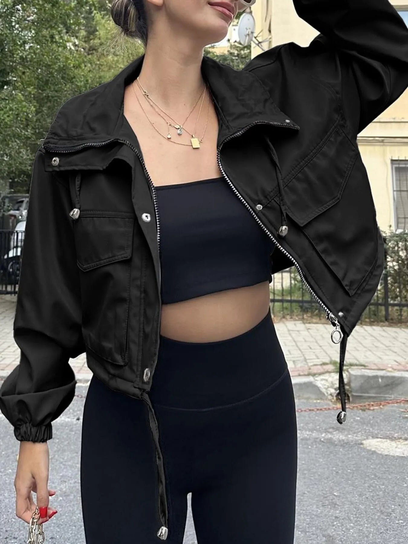 Drawstring Hem Zip Up Jacket Black - Fashorio
