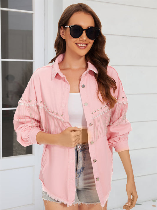 Raw Hem Fringe Detail Denim Jacket Dusty Pink - Fashorio