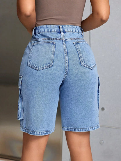 High-Waisted Cargo Denim Shorts - Fashorio