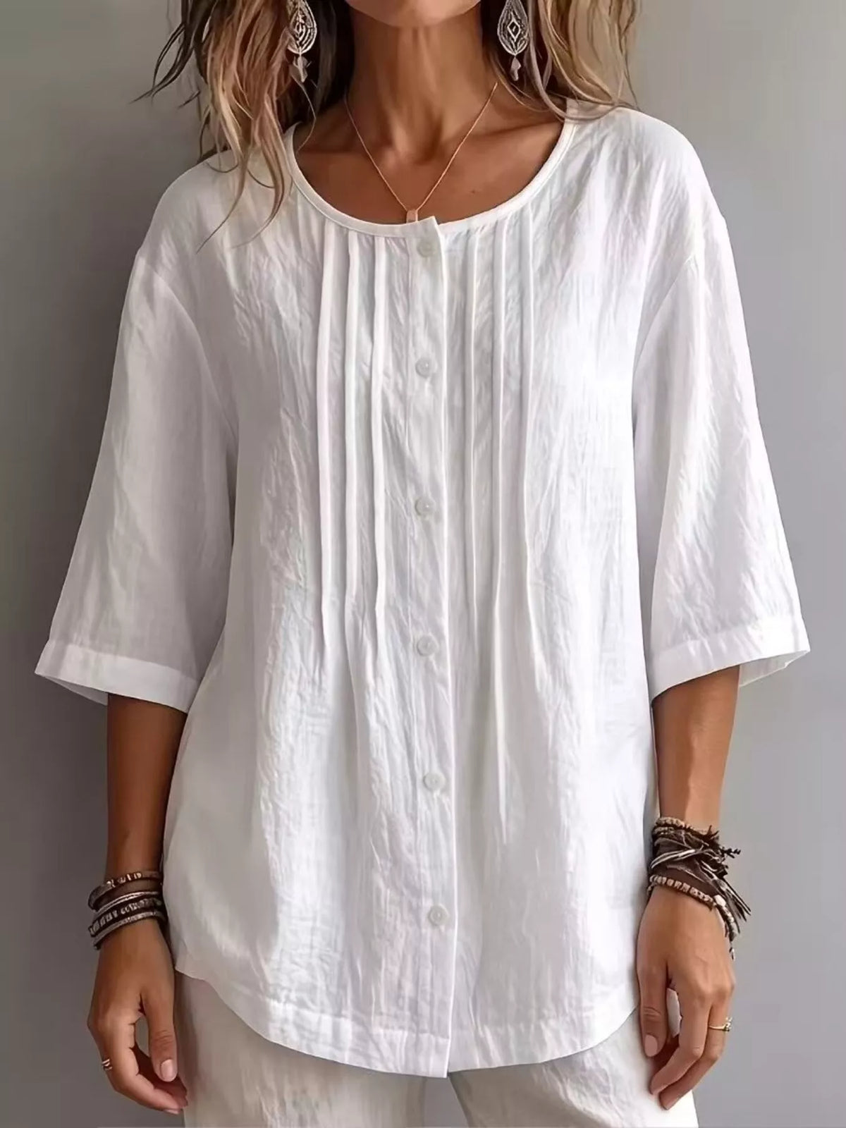 Textured round neck blouse front view