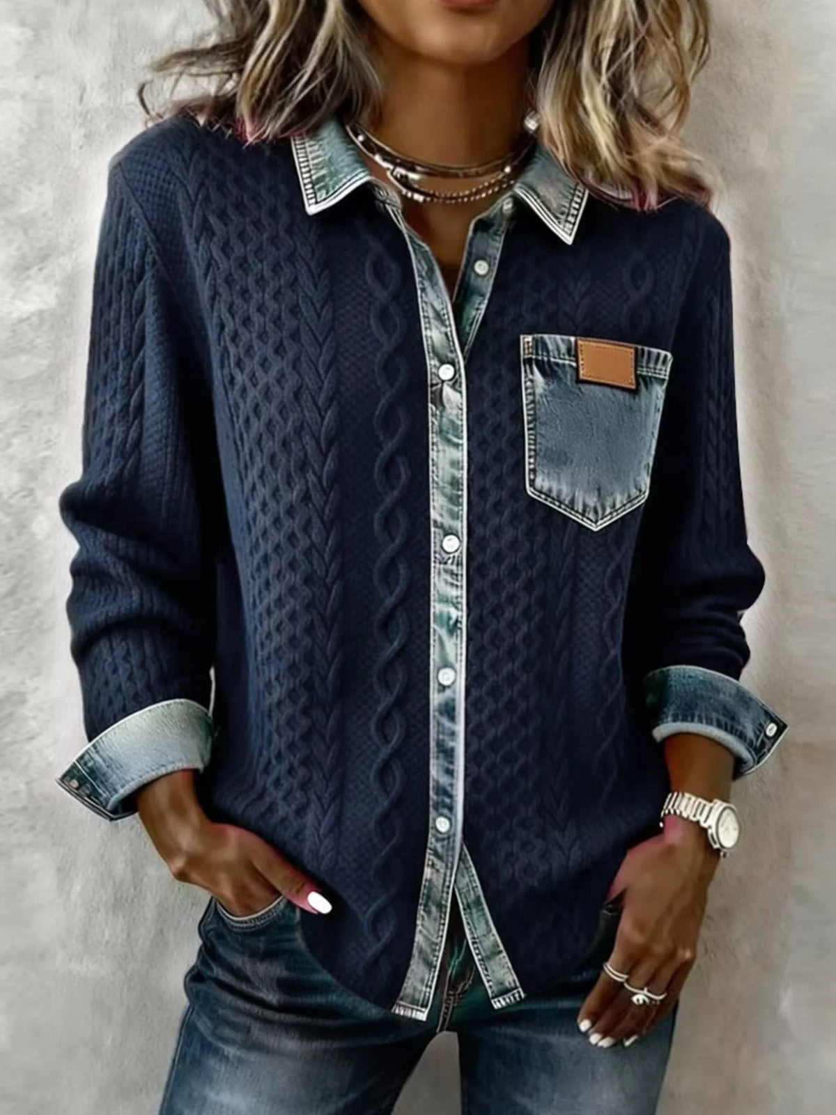Denim trim cable knit cardigan front view