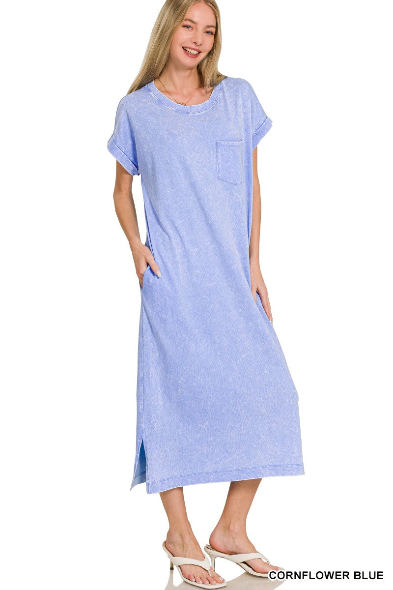 Washed Exposed Seam T Shirt Dress in Cornflower Blue