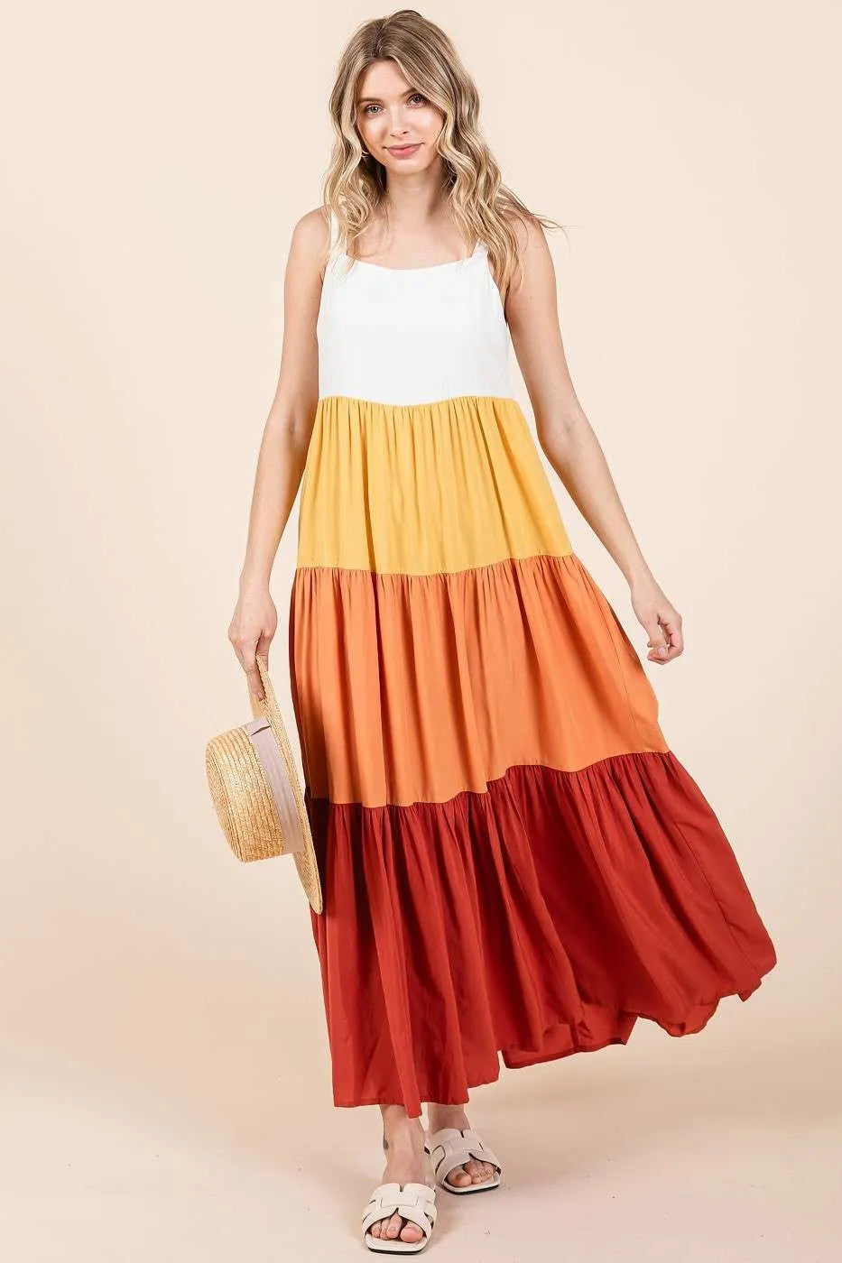 Mittoshop color block tiered maxi dress in apricot multi styled view