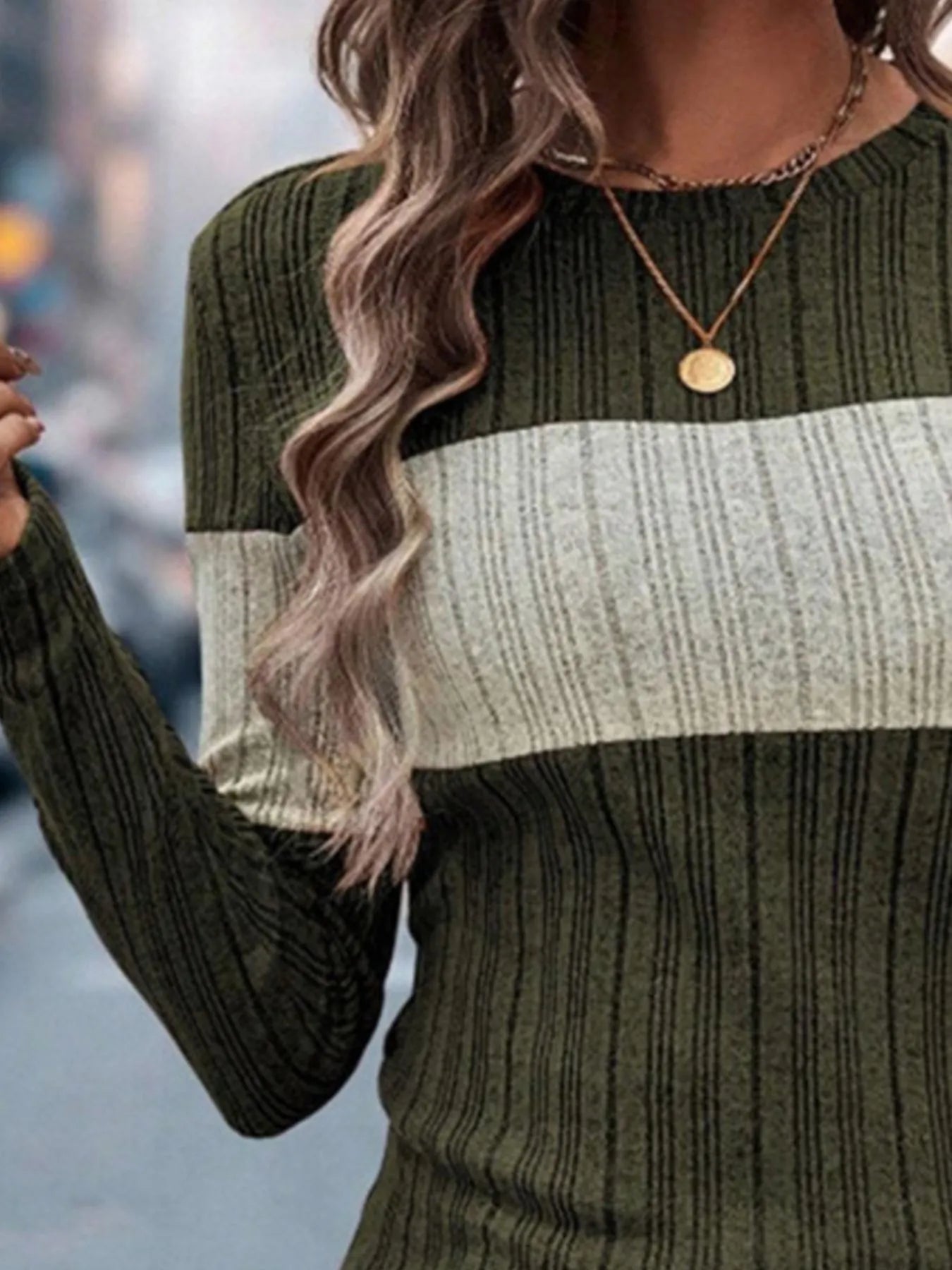 Color Block Round Neck Long Sleeve Sweater - Fashorio
