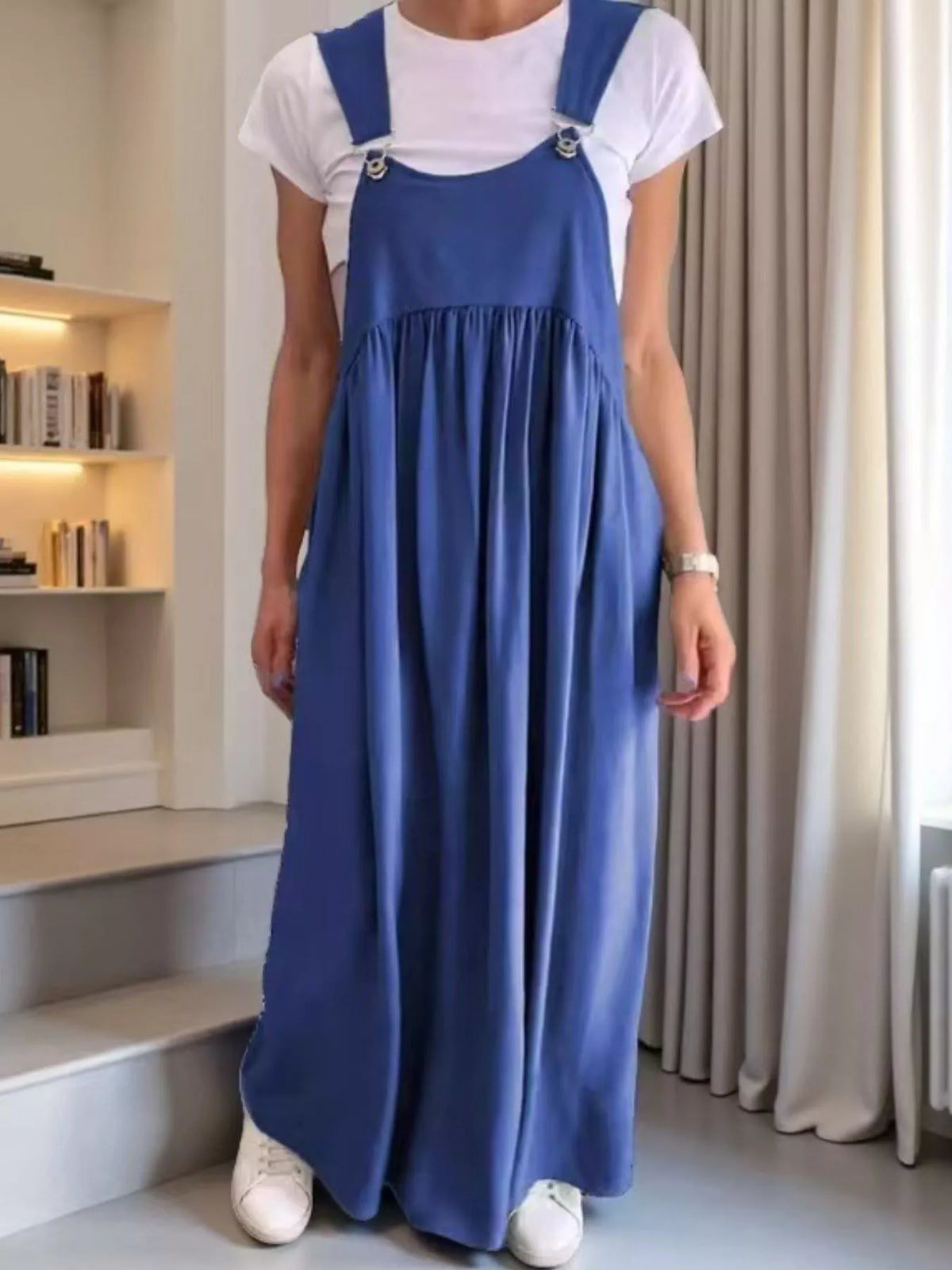ruched wide strap overall maxi dress back view