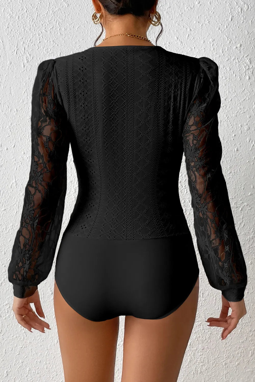 Eyelet Lace Long Sleeve Bodysuit - Fashorio