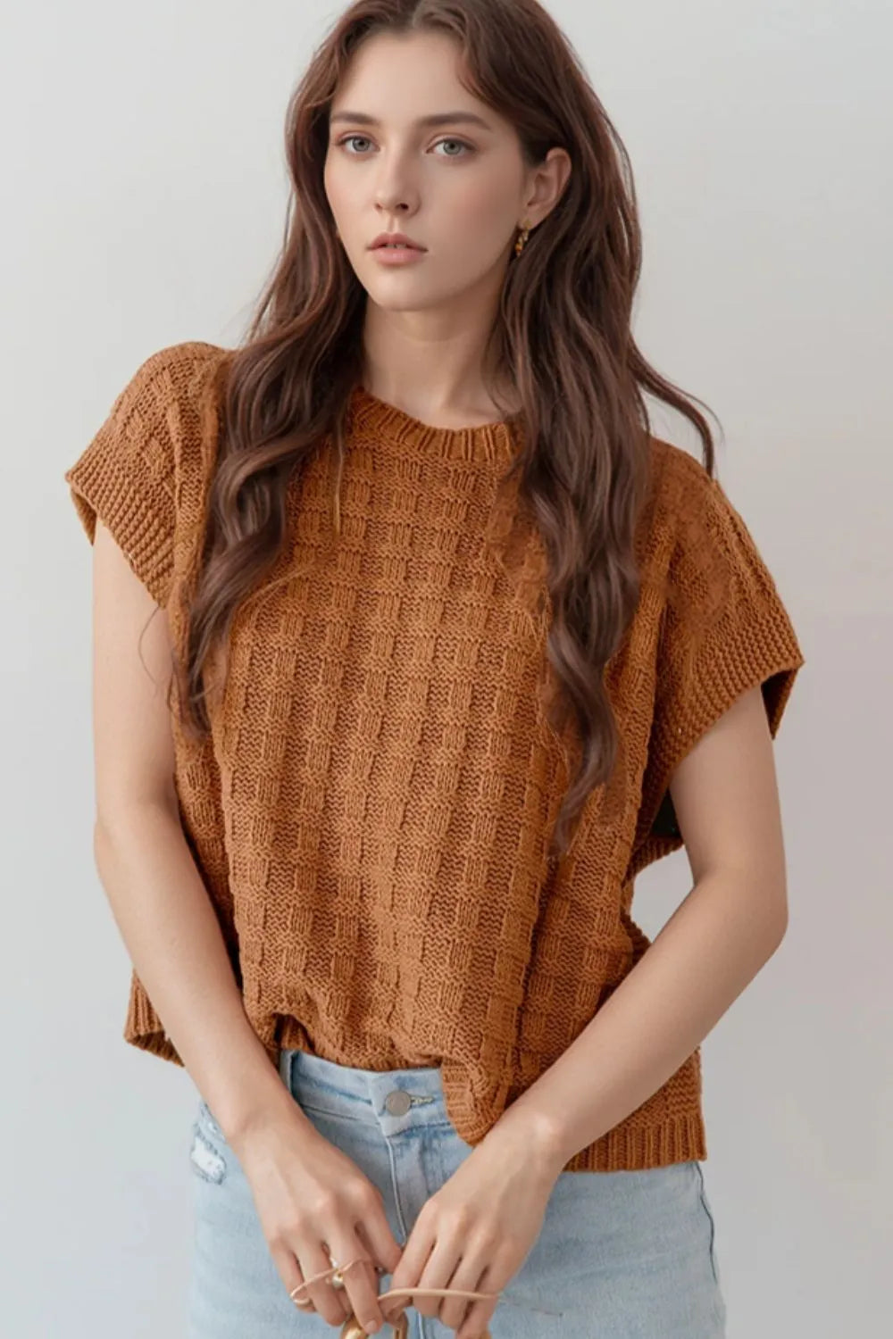 Textured Pattern Round Neck Sweater Vest Caramel - Fashorio